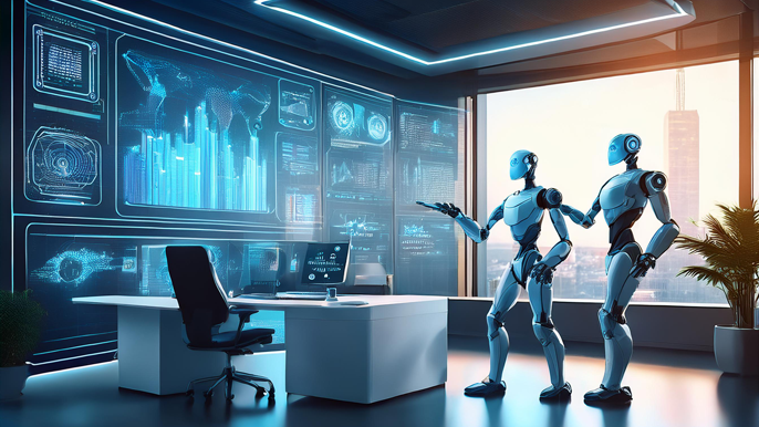 Two robots analyzing business data on large digital screens in a futuristic office, illustrating AI and robotics in business operations for 2025.