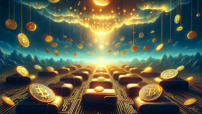 Glowing golden crypto coins raining from digital clouds onto futuristic wallets, symbolizing the concept of crypto airdrops.