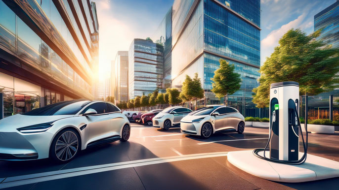 Electric vehicles charging at a modern EV station in a busy urban area, surrounded by sleek high-rise buildings and greenery.