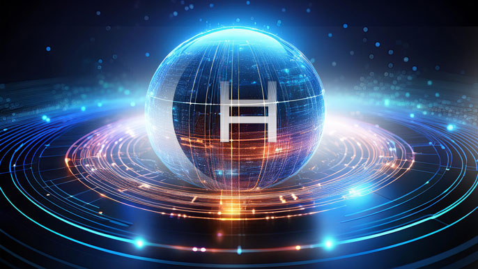 A glowing sphere with the Hedera Hashgraph "H" symbol, surrounded by circular energy waves, symbolizing HBAR's speed, efficiency, and innovation in blockchain technology.