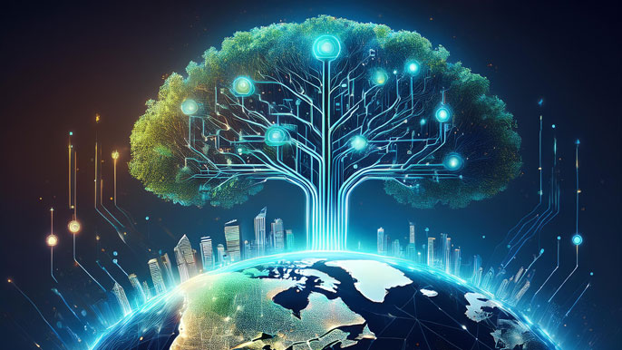 A glowing tree growing from a globe, with its branches turning into circuits and connected cities, symbolizing global entrepreneurial growth across regions known for innovation.