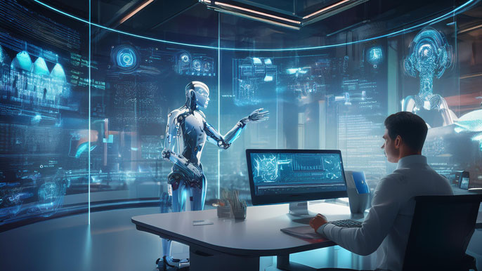 Human and robot collaborating in a high-tech workspace with digital data displays.