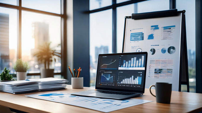 An office desk with financial reports and a laptop displaying business performance charts, symbolizing the evaluation of business progress and planning strategies for scaling.