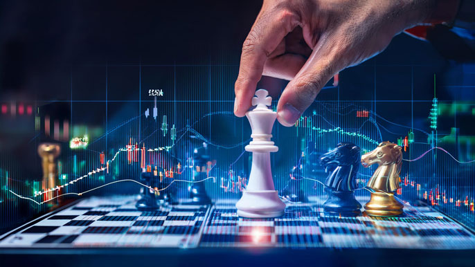 A hand moving a chess piece on a board with stock market graphs in the background, symbolizing strategic decision-making in swing trading.