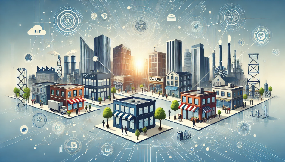 A vibrant cityscape depicting various types of businesses, including storefronts, office buildings, a factory, and a technology hub, interconnected by abstract lines representing communication and commerce.