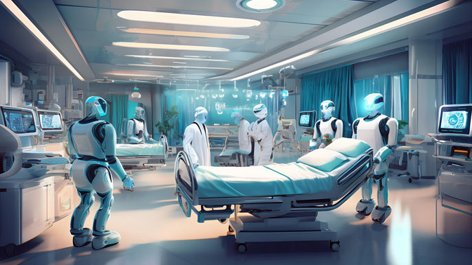 A futuristic hospital room with autonomous medical robots assisting doctors and nurses around a patient bed.