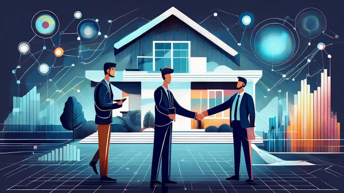 Real estate agent shaking hands with a client in front of a modern house, surrounded by graphs and digital connections symbolizing market trends and networking opportunities.