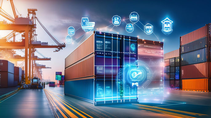 A shipping container being scanned at a port, with holographic data showing FDA compliance checks. Floating icons represent food safety, records, and audits, emphasizing the importance of FSVP compliance in import processes.