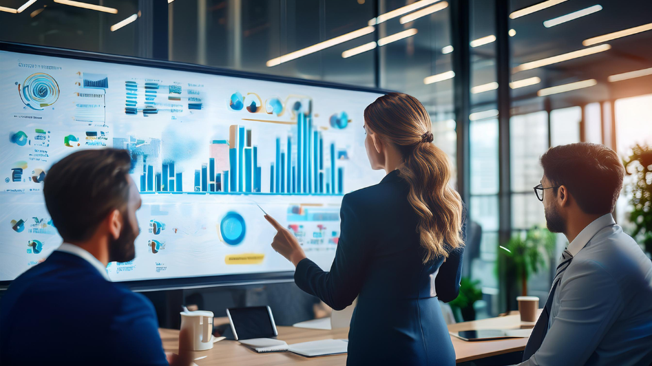 A businesswoman presenting data and growth metrics on a large screen to colleagues in a modern office, symbolizing strategic planning and business success.