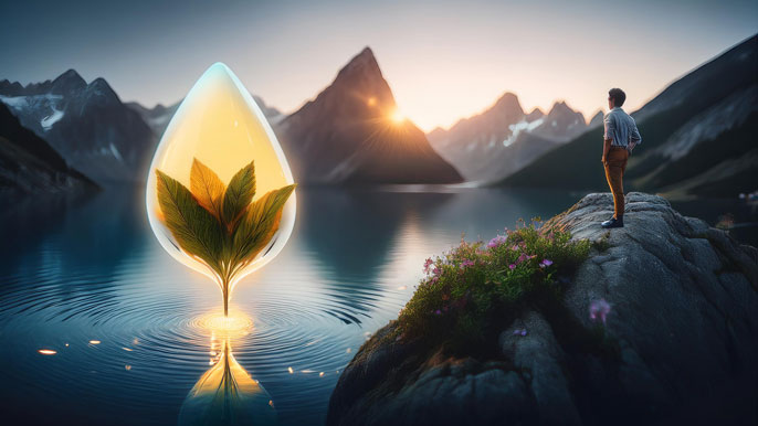 A glowing seed sprouting in a serene lake, surrounded by mountains, symbolizing the growth of a business idea and the ripple effect of entrepreneurship.