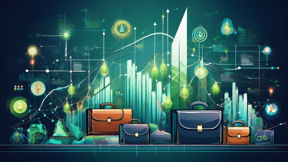 A futuristic representation of MBA specializations featuring briefcases, rising graphs, and lightbulbs, symbolizing entrepreneurship, finance, and innovation in business education.