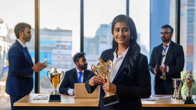 Business professionals in a formal setting with award trophies, symbolizing recognition and achievement in Indian business associations and prestigious awards.