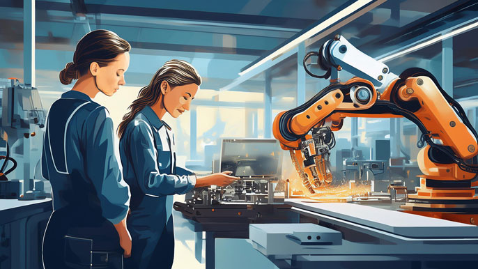 Two female workers in a modern manufacturing plant overseeing a collaborative robot (cobot) assembling parts on a production line, highlighting the seamless collaboration between humans and robots.