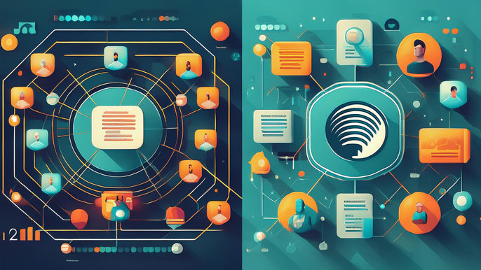 A split-screen visual comparing multichannel marketing (left) with isolated communication lines and omnichannel marketing (right) with interconnected channels and a seamless flow around a central hub.