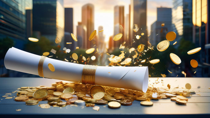 A diploma breaking apart mid-air, transforming into golden coins that scatter across a modern business district. The image symbolizes achieving success and wealth without the need for formal education.