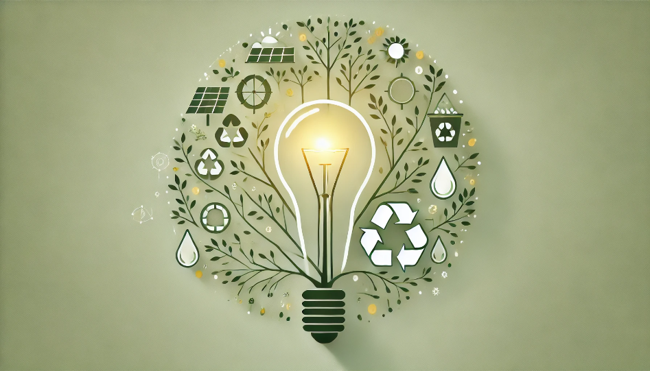 An abstract tree growing from a lightbulb with eco-friendly symbols like recycling and solar energy.