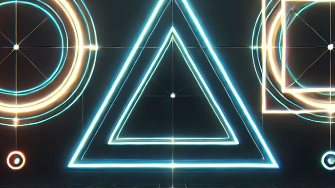 Neon glowing circle, triangle, and square shapes representing a futuristic game-inspired theme.