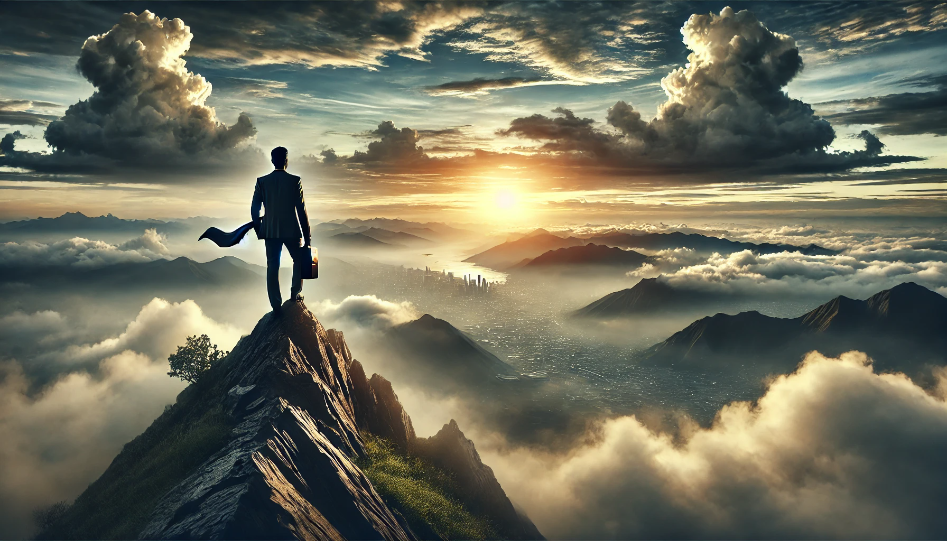 An entrepreneur standing confidently on a mountain peak, overlooking a cloudy horizon with a bright sunrise symbolizing new opportunities and overcoming fear.