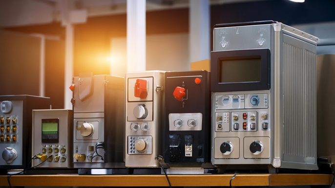 Modern electrical devices, including inverters and control panels, on display in a manufacturing facility, showcasing production in Coimbatore for small electrical appliances like mixers and grinders.