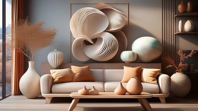 A modern living room featuring personalized 3D printed home décor, including custom vases, sculptures, and artistic wall art, showcasing unique and creative designs.