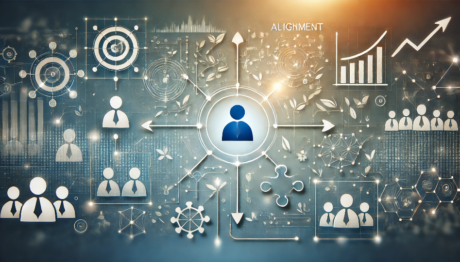 Abstract image of interconnected puzzle pieces, arrows, and charts symbolizing the process of finding the right employees, teamwork, and business growth.