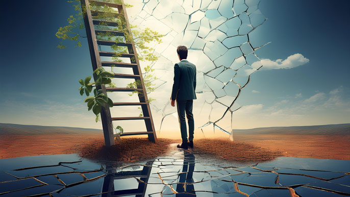 A person standing before a ladder surrounded by greenery, leading toward a cracked mirror wall, symbolizing the journey of overcoming low self-esteem, breaking barriers, and growing through self-confidence.