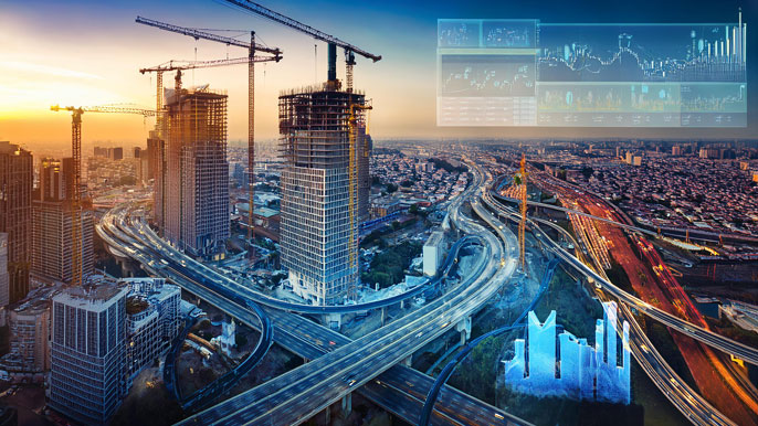 A modern city under construction with tall buildings and highways being developed through Public-Private Partnerships, featuring cranes, roads, and a financial overlay representing investment and funding sources.