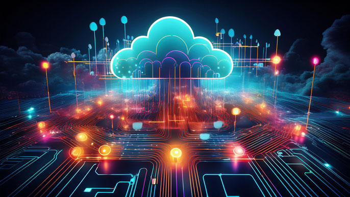 A futuristic cloud icon powered by FLUX tokens, interconnected with glowing blockchain nodes and circuits, symbolizing decentralized cloud computing and blockchain integration.