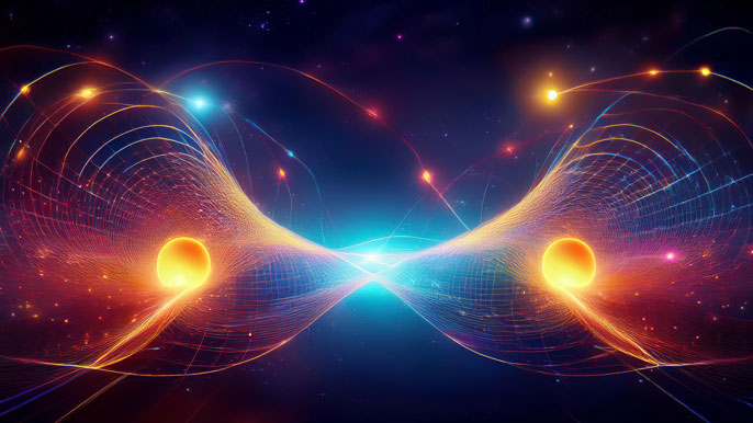 A digital illustration of two entangled particles connected by glowing lines, representing the concept of quantum entanglement in a futuristic, space-like environment.