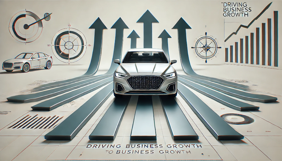 A sleek car facing forward with arrows pointing towards it, symbolizing business growth and acceleration.