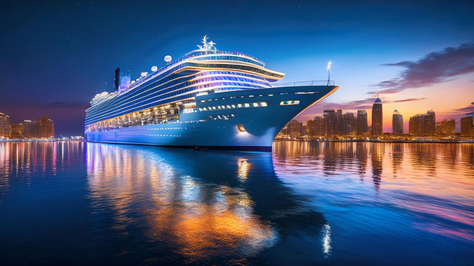 A brightly lit luxury cruise ship docked at sunset, reflecting off calm waters with a vibrant city skyline in the background.