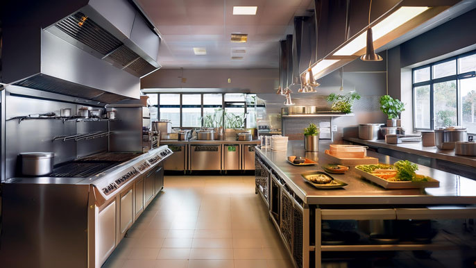 A well-organized QSR kitchen with stainless steel countertops, cooking stations, and prep areas, showcasing an efficient layout designed for fast-paced food preparation in a quick service restaurant.