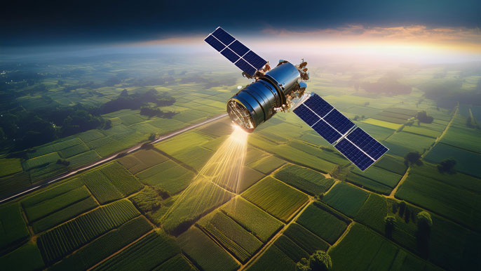 Satellite scanning agricultural fields, analyzing crop health and soil conditions from above.