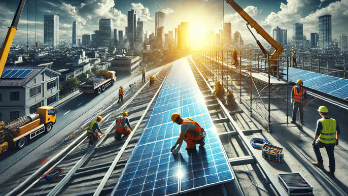 Workers installing solar panels on a rooftop in an urban setting, with a city skyline in the background. The scene emphasizes solar technology, safety gear, and sustainability.