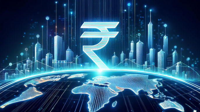 A glowing rupee symbol rising over a futuristic city skyline, with financial data streams and digital graphs symbolizing the growth of India's share markets.