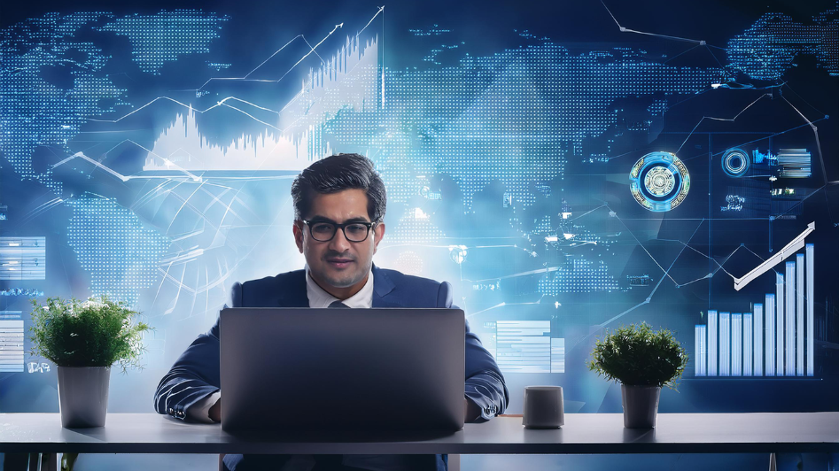 An entrepreneur working on a laptop, with a world map and business growth charts in the background, symbolizing global business strategy and success.