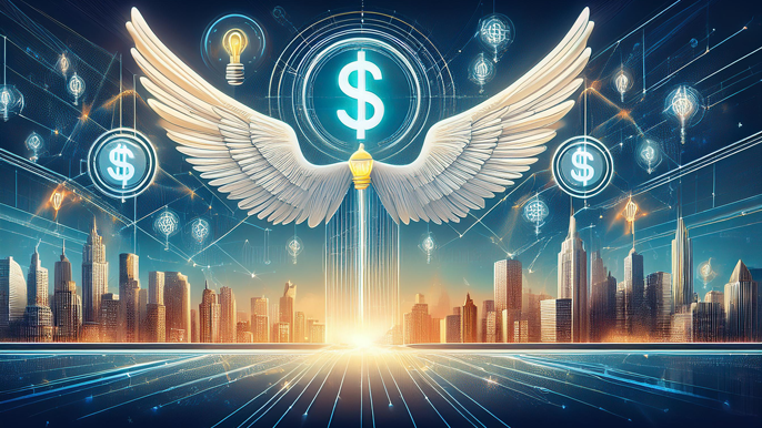 Abstract image symbolizing angel investing, featuring a winged dollar sign, startup symbols like light bulbs and rockets, and a cityscape representing investment opportunities and growth.