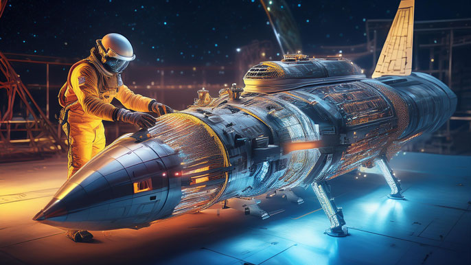 A space engineer in a tech suit works on a glowing, futuristic spacecraft made of advanced materials, set in a modern hangar.