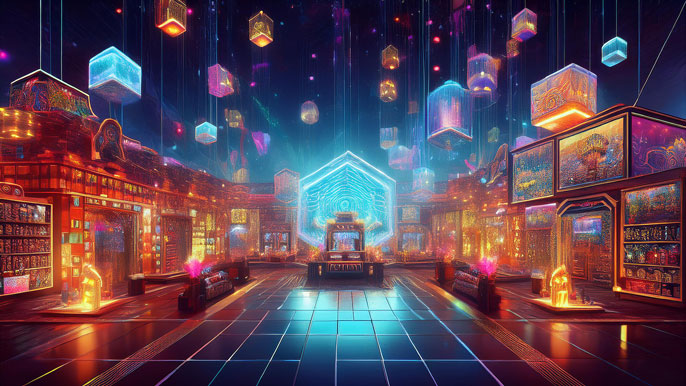 A vibrant NFT marketplace showcasing digital artwork, virtual real estate, and unique tokens in a futuristic gallery illuminated with blockchain-inspired glowing cubes.