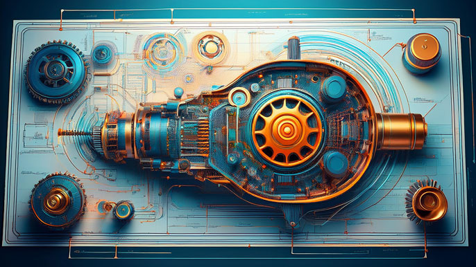 A detailed blueprint of a complex machine component, with gears, circuits, and parts meticulously laid out, symbolizing the process of reverse engineering in product analysis and innovation.