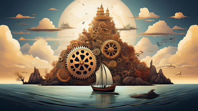 A small boat sails toward a towering island made of intricate gears and cogs, symbolizing the challenges of entering a monopolistic market dominated by established forces.