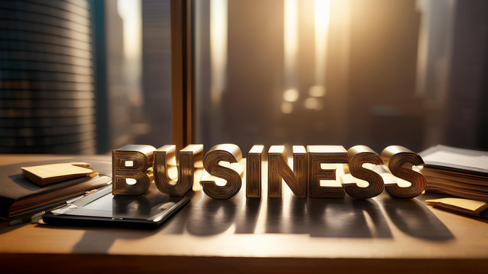 The word 'Business' in bold letters on a modern office desk, surrounded by notebooks and devices, symbolizing new business trends and buzzwords for 2024-2025.