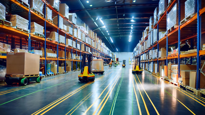 Automated Guided Vehicles (AGVs) transporting pallets along marked paths in a modern warehouse.