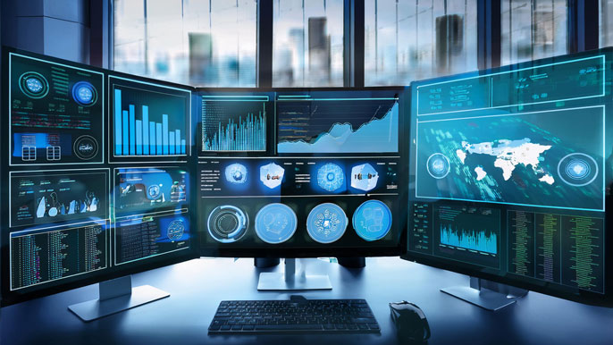 A multi-screen computer setup displaying various data visualizations, graphs, and global analytics, symbolizing the use of public datasets for machine learning and data analysis.