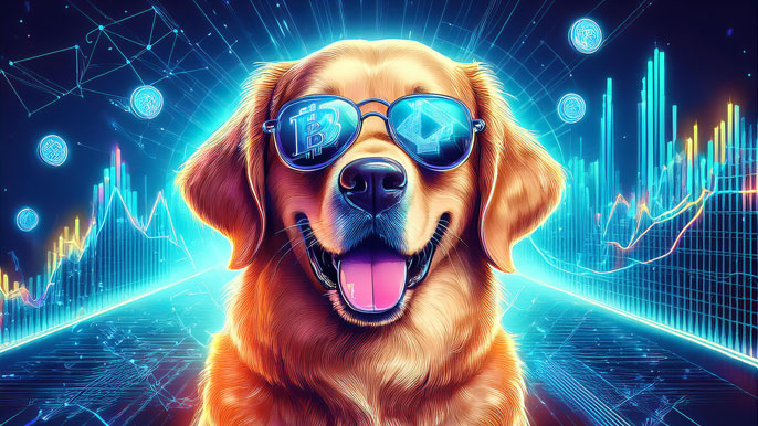 A golden retriever wearing sunglasses with cryptocurrency symbols, surrounded by glowing blockchain charts and digital graphs.