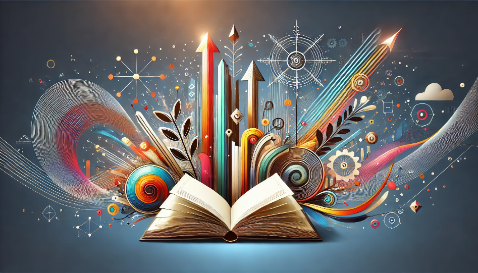 Abstract image symbolizing an entrepreneur's success journey, featuring open books, rising arrows, and flowing creative elements representing growth and storytelling.