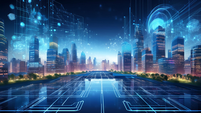 A futuristic cityscape showcasing government and business buildings, symbolizing collaboration in technology and innovation, with digital networks and data elements highlighting R&D and technological advancements.