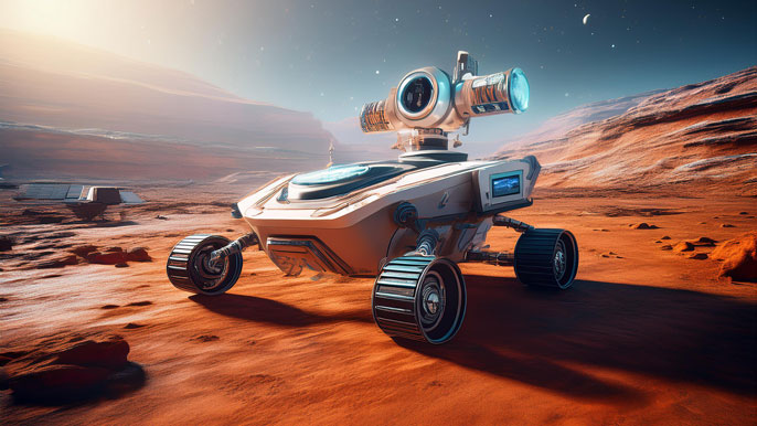 AI-driven autonomous rover navigating the rugged Martian surface, symbolizing advanced technology in space exploration.