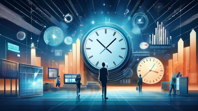 Abstract image representing deadline handling, featuring clocks, calendars, progress bars, and productivity tools in a modern office environment.