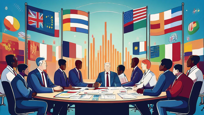 A diverse group of representatives sitting around a table, with flags from various nations behind them, discussing global trade agreements and economic policies, symbolizing international collaboration through trade organizations.